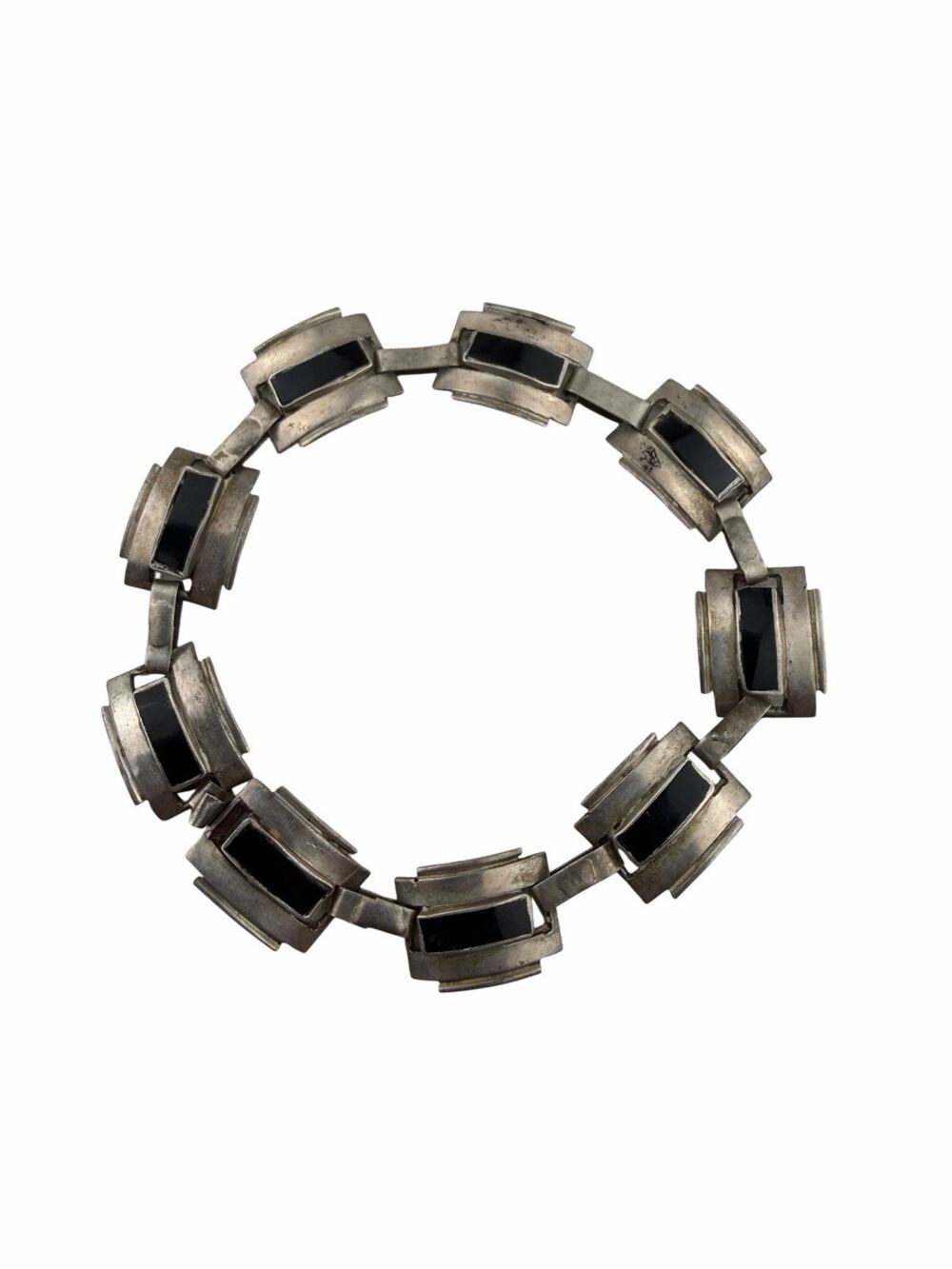 VNS Taxco Mexico Vintage Sterling Silver Bracelet Inlaid Onyx Lightweight 6.5"